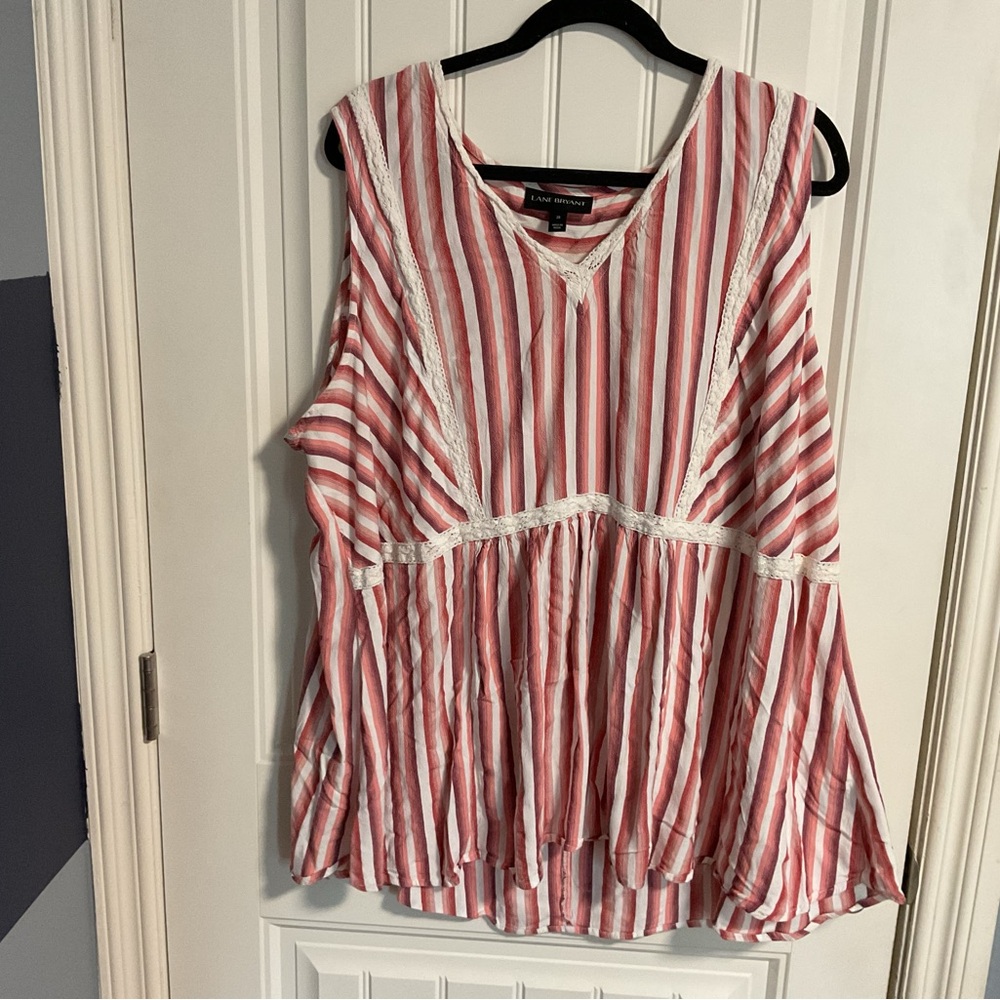 Lane Bryant Red and Pink Sleeveless Ruffled Peplum Blouse